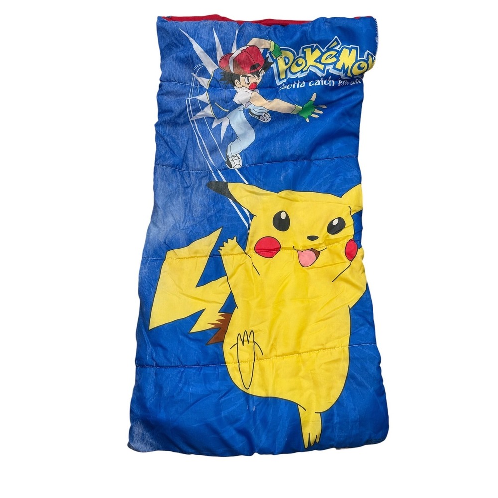 Vintage 1999 Nintendo Pokemon Kids Sleeping Bag Pikachu Ash Ketchum Blue Zip